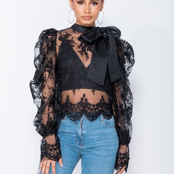 Tops - Black Lace Long Puff Sleeve Pussy Bow Tie Blouse